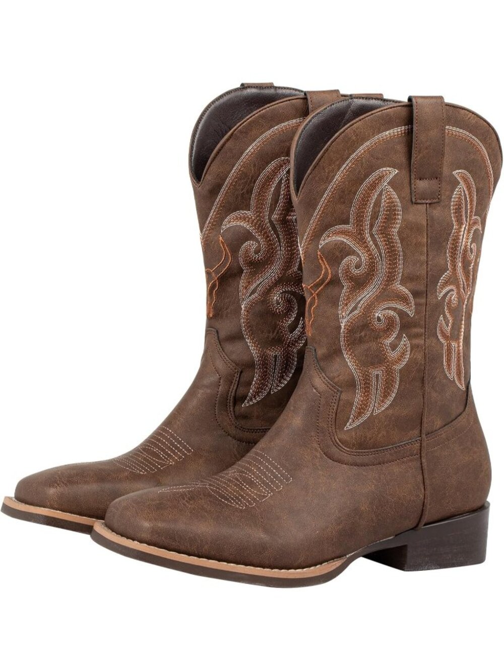 Men’s Brown Square Toe Cowboy Boots Wide Calf Pull On Western Country Dress Boot